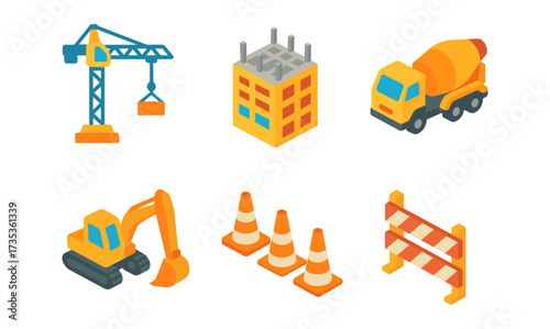 Colorful isometric construction icons for building projects and infrastructure design