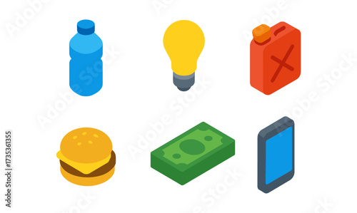 Colorful isometric icons of everyday objects: bottle, bulb, gas can, burger, money, phone
