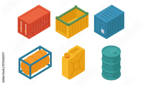 Colorful isometric containers and barrels for logistics and storage