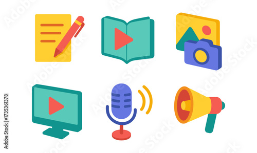 Colorful 3d multimedia icons with modern isometric design for digital content