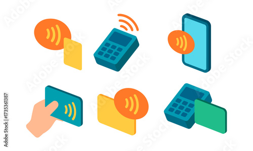 Contactless payment isometric icons featuring devices and cards for digital transactions
