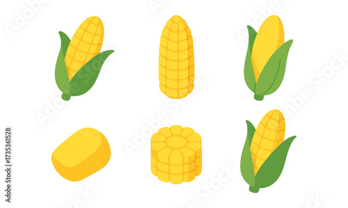 Various corn icons in isometric style with fresh yellow and green tones