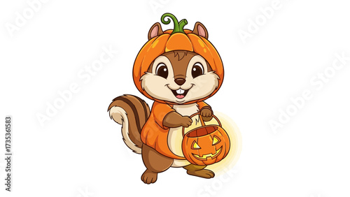 Happy Halloween Chipmunk: A cute chipmunk in pumpkin costume stands playfully, holding a carved jack-o'-lantern, ready to enjoy the spooky holiday season.