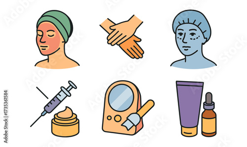 Beauty and skincare icons: cleansing, moisturizing, facial treatment essentials