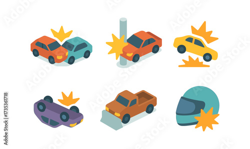 Isometric car accident icons: diverse crash and safety helmet illustrations