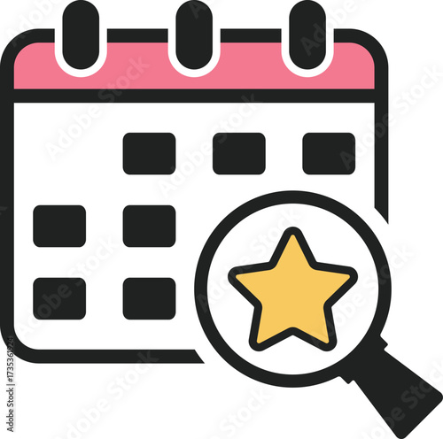 Upcoming Event Calendar Icon with Star and Magnifying Glass Illustration