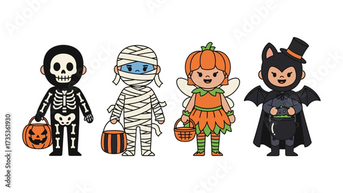 Spooky Squad: Four festive individuals adorned in spooky Halloween costumes, ready for trick-or-treating, each holding a treat basket, bring the spirit of Halloween to life.