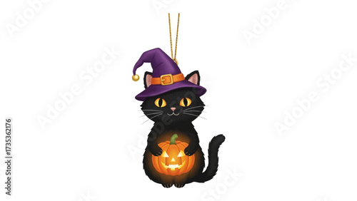 Halloween Cat Ornament: A charming Halloween-themed ornament featuring a black cat wearing a witch hat and clutching a carved pumpkin. This delightful image captures the playful spirit of Halloween.