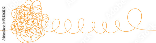 Abstract orange tangled line transforming into a smooth spiral on white background