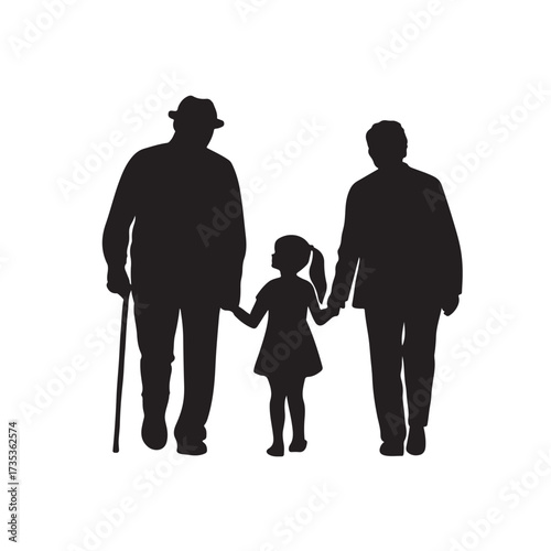 Print  Elderly Couple Strolling with Young Girl Silhouette Vector
