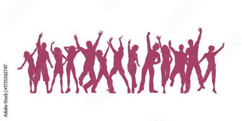 Silhouettes of group of people celebrating together, cheering in success, party mood or festive event with joy and excitement