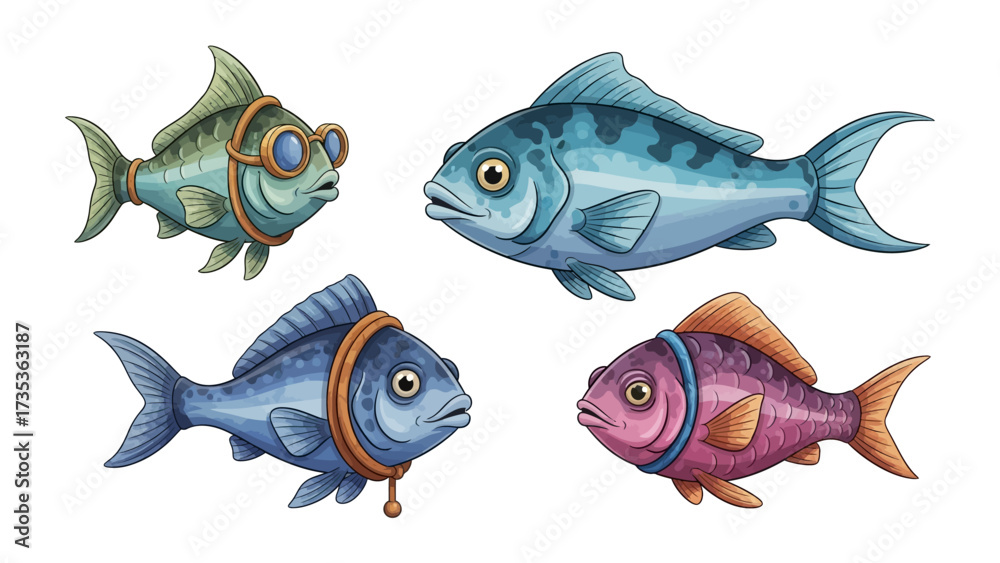 Fototapeta premium Playful Aquatic Quartet: A vibrant ensemble of unique cartoon fish, each exuding a distinct personality and charm, swimming in a lively underwater scene. 