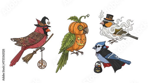 Halloween Birds: An eye-catching illustration showcasing a quartet of birds dressed for Halloween. A Cardinal in a witch's hat, a parrot in a pumpkin costume, a blue jay as a little vampire.
