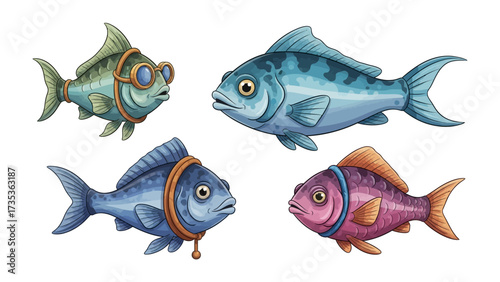 Playful Aquatic Quartet: A vibrant ensemble of unique cartoon fish, each exuding a distinct personality and charm, swimming in a lively underwater scene. 