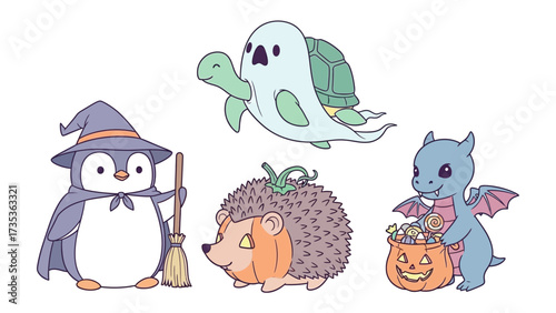 Halloween Characters: A charming assortment of illustrated creatures, including a penguin witch, ghost turtle, hedgehog pumpkin, and baby dragon with treat bag.