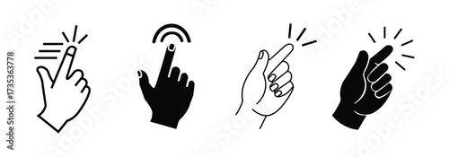 Hand click and finger snap icon set. Clicking, finger, Touch screen, pointer, cursor, gesture, mouse press push simple black style outline design