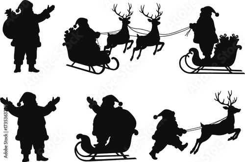 Santa Claus and reindeer silhouettes, festive sleigh scenes, Christmas vector graphics, holiday clipart icons, gift sack elements, winter celebration poses, black and white illustrations