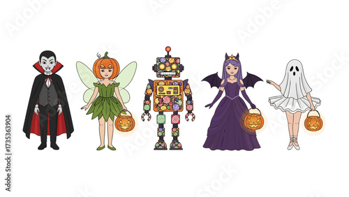 Halloween Costume Parade: A vibrant illustration showcases a diverse group of costumed characters, each embodying the spooky spirit of Halloween. From vampires to friendly ghosts.