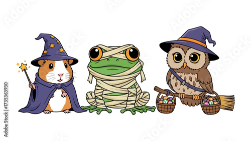 Whimsical Halloween Trio: A delightful cartoon featuring a guinea pig wizard, a frog mummy, and an owl witch ready for trick-or-treating or adding to the Halloween decor, spreading spooky cheer.