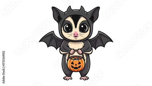Cute Halloween Sugar Glider: A whimsical illustration features an adorable sugar glider dressed in a bat costume, gleefully holding a glowing jack-o'-lantern.