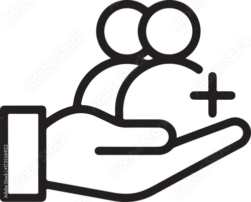 Hand holding people icon with plus symbol representing support and growth