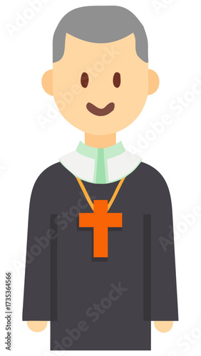 A friendly cartoon illustration of a Christian priest representing faith, community service, and spiritual guidance