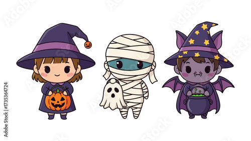 Spooky Friends Trio: A collection of three adorable characters dressed in a witch costume with pumpkin, mummy and bat costume, ready for a festive night of Halloween.