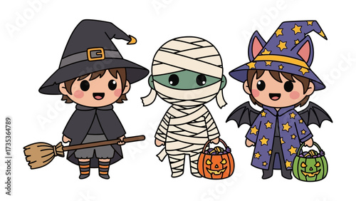 Halloween Trio: a charming cartoon illustration of a witch, a mummy, and a vampire, embodying the spooky yet fun spirit of Halloween with intricate design and vibrant colors.