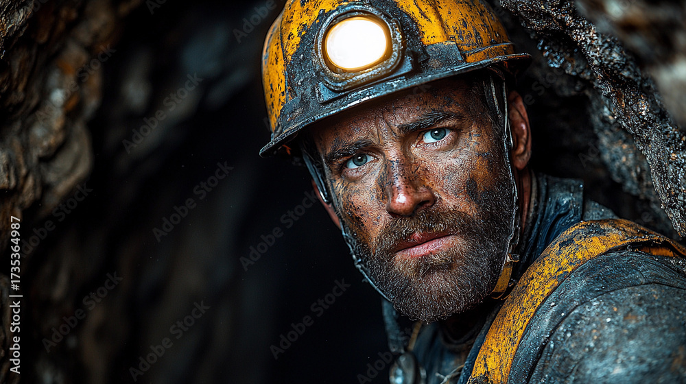 Fototapeta premium Coal miner in gear working underground in dark tunnel Generative AI