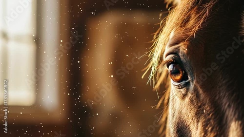Close-up of a brown horse's eye with soft sunlight illuminating its features. Dust particles float in the air, creating a serene atmosphere.