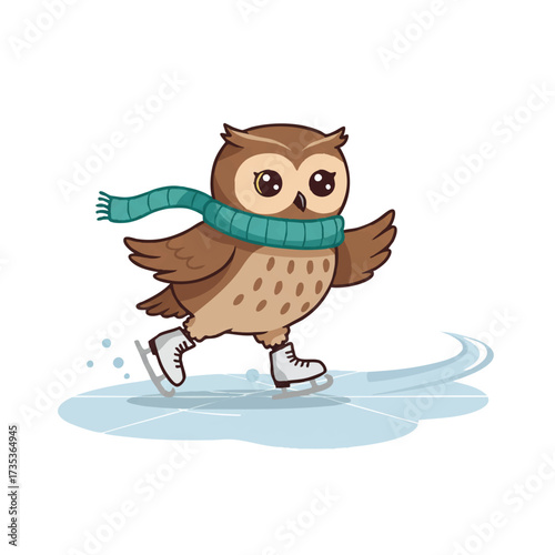 A joyful owl on ice skates gracefully glides across a frozen pond, leaving an icy trail in this vibrant 2D flat vector illustration.