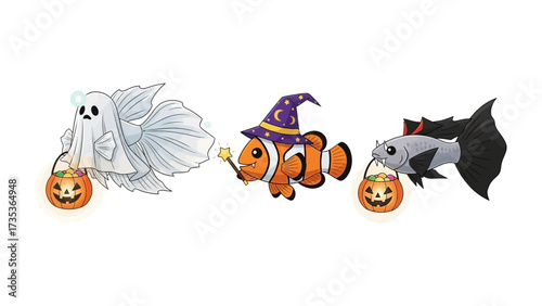 Halloween Fishy Trio: Three aquatic friends dressed in creative Halloween costumes, each holding a trick-or-treat bucket, create a whimsical atmosphere of fun and fantasy. 