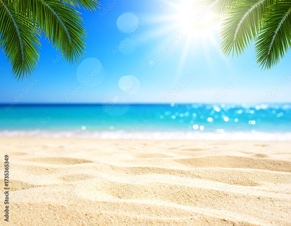 Fototapeta premium Tropical beach scene with sun and palm leaves
