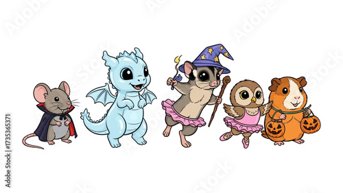A Fantasy Halloween Gathering: A charming illustration captures a group of adorable dressed-up animals ready to revel in the whimsical Halloween celebrations, where joy knows no bounds!