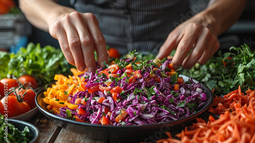 Hands preparing a vibrant salad with fresh ingredients Generative AI