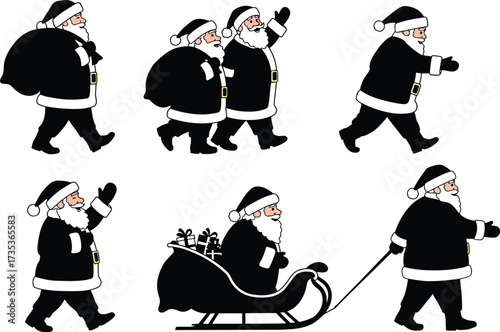 Santa Claus cartoon illustrations, festive gift delivery poses, Christmas sleigh scenes, holiday vector graphics, waving Santa clipart, seasonal celebration icons, black and white art