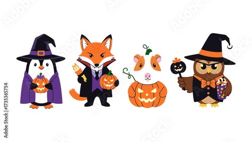 Halloween Costume Animals in a Row: A delightful array of cartoon animals, each dressed in charming Halloween costumes, are lined up, evoking the spirit of spooky fun and whimsical celebrations.