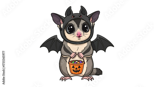 Halloween Sugar Glider Illustration: A whimsical illustration depicts an adorable sugar glider dressed in a bat costume holding a jack-o'-lantern candy bucket.