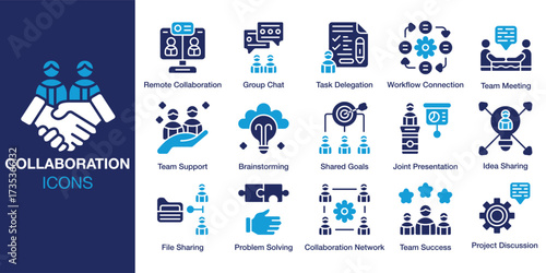 Collaboration icon set. Containing together, partnership, cooperation, success, work and more. Solid vector icons collection. Vector illustration.