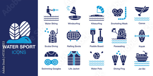 Water Sport icon set. Containing travel, recreation, sea, beach, adventure and more. Solid vector icons collection. Vector illustration.