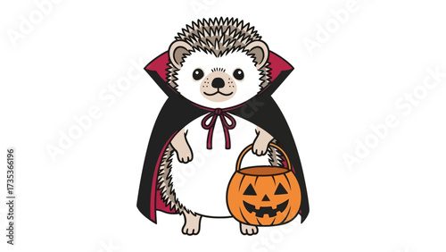 Hedgehog's Halloween Delight: A charming hedgehog, adorned in a vampire cloak and clutching a jack-o'-lantern, embodies the playful spirit of Halloween.