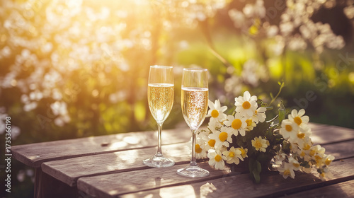 A wood table with spring flowers and champagne glasses in an outside