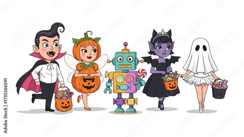 Fototapeta premium Spooky Halloween Friends: A colorful gathering of costumed characters, including a vampire, pumpkin fairy, robot, bat-girl, and ghost, ready for a night of trick-or-treating. 