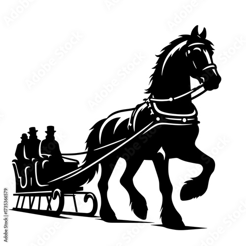 Horse pulling sleigh with passengers silhouette on transparent background