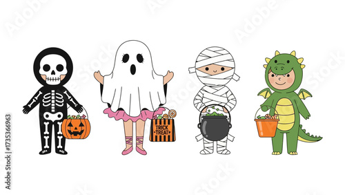 Spirited Halloween Characters: A charming gathering of costumed children ready for trick-or-treating, dressed as a skeleton, a ghost, a mummy, and a dragon.