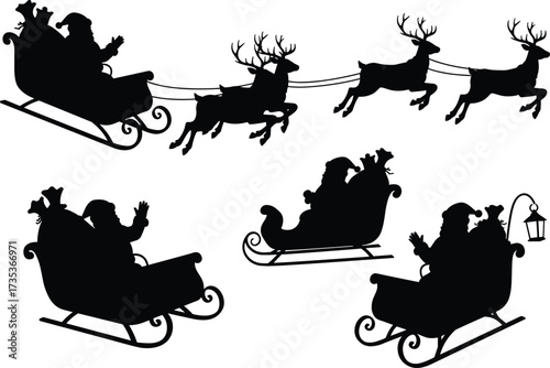 Santa Claus sleigh silhouette clipart, festive Christmas vector icons, black and white holiday illustrations, reindeer flight scenes, gift delivery poses, seasonal celebration graphics