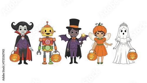 Halloween Costume Showcase: A delightful ensemble of illustrated figures adorned in various Halloween costumes, each holding a festive pumpkin-shaped bucket.