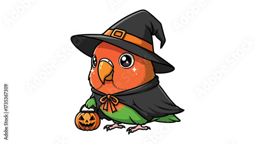 Halloween parrot wearing witch hat: A whimsical illustration features a charming parrot decked out in a witch's hat and cape, clutching a miniature jack-o'-lantern.