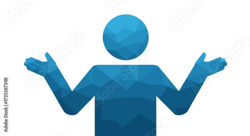 Vector art of blue polygonal person shrugging shoulders