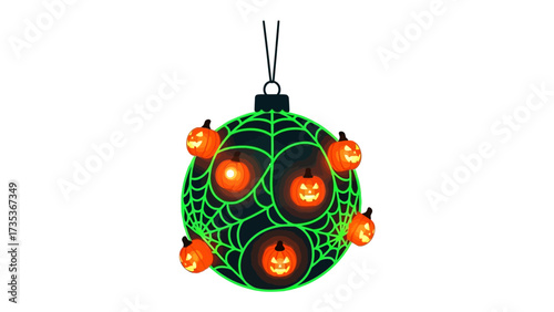 Halloween Ornament with Spiderweb and Pumpkin Emblems: A festive Halloween ornament, adorned with intricate spiderwebs and grinning pumpkin emblems.